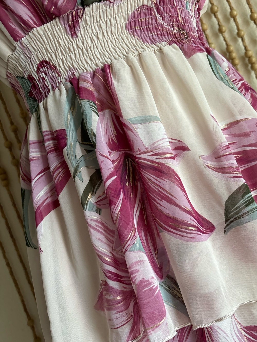 AlexaB Pink Lily Floral Tiered Coquette Western Feminine Sleeveless V Neck Dress - Picture 2 of 6